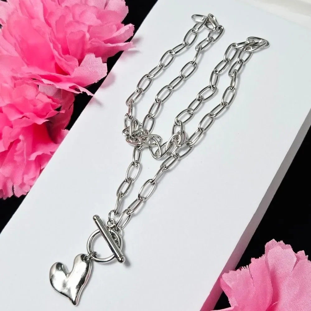 Stainless Steel Heart Choker Necklace – Hammered Love Pendant Paperclip Chain
